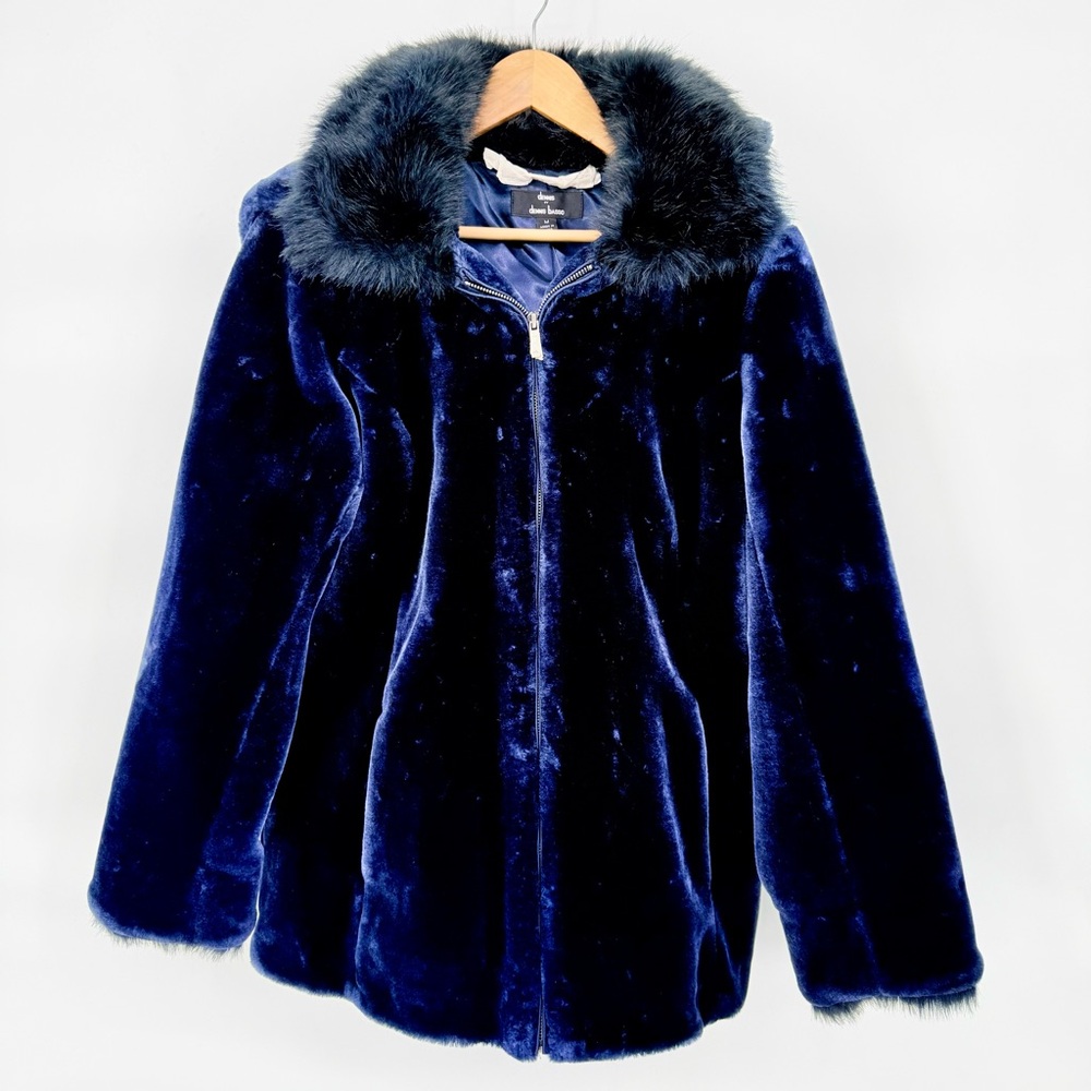 Dennis Basso Midnight Navy Blue Faux Fur Coat Jacket Hooded Plush Womens M Lux - Picture 2 of 16
